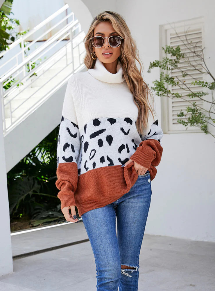 STYLISH HIGH-NECKED PRINTED LEOPARD-PRINT LOOSE SWEATER Wool Sweater Cotton Sweater Cashmere Sweater