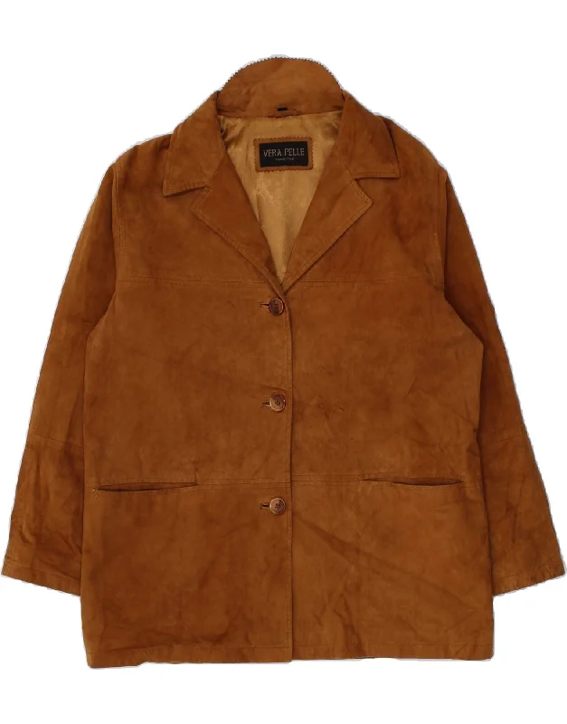 VINTAGE Womens Suede Jacket IT 46 Large Brown Leather Boat Neck Shawl Collar Notched Collar VINTAGE Womens Suede Jacket IT 46 Large Brown Leather Boat Neck Shawl Collar Notched Collar