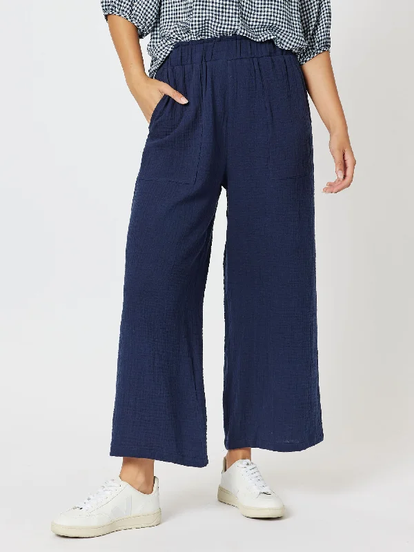 Byron Textured Wide Leg Pant - Navy Comfy High-Waist Jeans