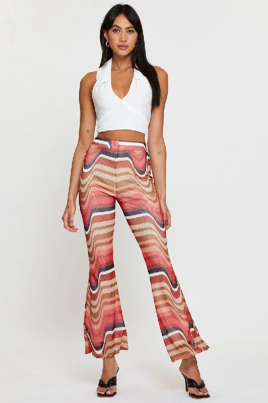 Abstract Print Flare Pants Elastic Waist Chic Checkered Pants