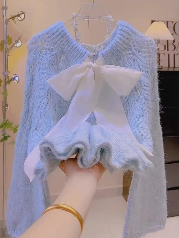 White Bow Delicate Baby Blue Sweater Stretchy Elastic Breathable
