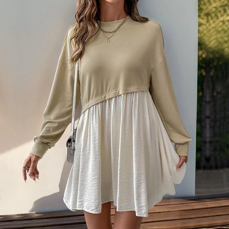 IKEARLAX 2025 casual daily versatile long-sleeved dress autumn new round neck contrasting color splicing skirt Tunics Trendy modern