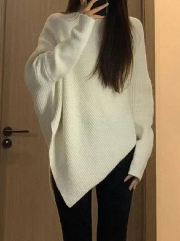 High Neck Irregular Hem Sweater Seamless Knitted Crochet