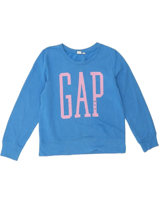 GAP Womens Crop Graphic Sweatshirt Jumper US 8 Medium Blue Cotton Hoodie with Frayed Bohemian Relaxed