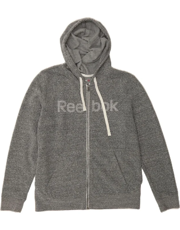 REEBOK Womens Graphic Zip Hoodie Sweater UK 16 Large Grey Cotton Stretchy Elastic Breathable