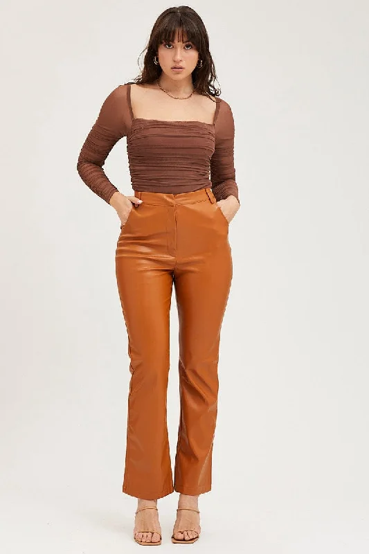Beige Flare Pants High Rise Faux Leather Relaxed Fit Trousers