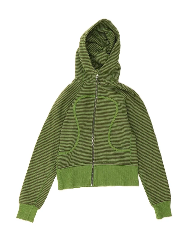 LULULEMON Womens Crop Zip Hoodie Sweater US 6 Medium Green Striped Cotton Hoodie with Distressed Vintage Worn