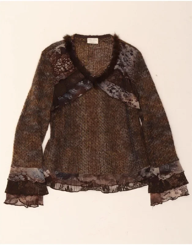 TINA OLSEN Womens V-Neck Jumper Sweater UK 14 Medium Brown Patchwork Wool Denim Fabric Leather Fabric Suede Fabric TINA OLSEN Womens V-Neck Jumper Sweater UK 14 Medium Brown Patchwork Wool Denim Fabric Leather Fabric Suede Fabric