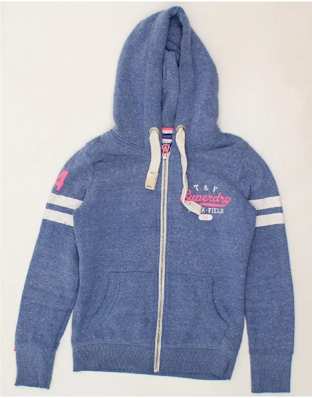 SUPERDRY Womens Graphic Zip Hoodie Sweater UK 10 Small Blue Polyester Oversized Loose Flowy