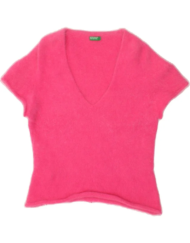 BENETTON Womens Short Sleeve V-Neck Jumper Sweater UK 10 Small Pink Sequined Glittery Shiny BENETTON Womens Short Sleeve V-Neck Jumper Sweater UK 10 Small Pink Sequined Glittery Shiny