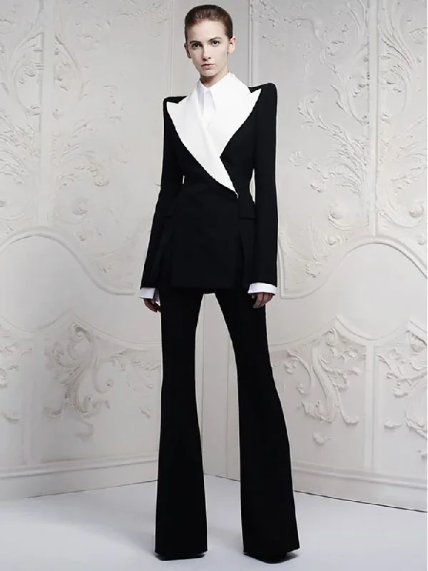 Two Pieces Black Womem Suits With Big White Lapel Business Suits ladies (Jacket+Pants) Embroidered Jacket Appliqued Jacket Beaded Jacket Two Pieces Black Womem Suits With Big White Lapel Business Suits ladies (Jacket+Pants) Embroidered Jacket Appliqued Jacket Beaded Jacket