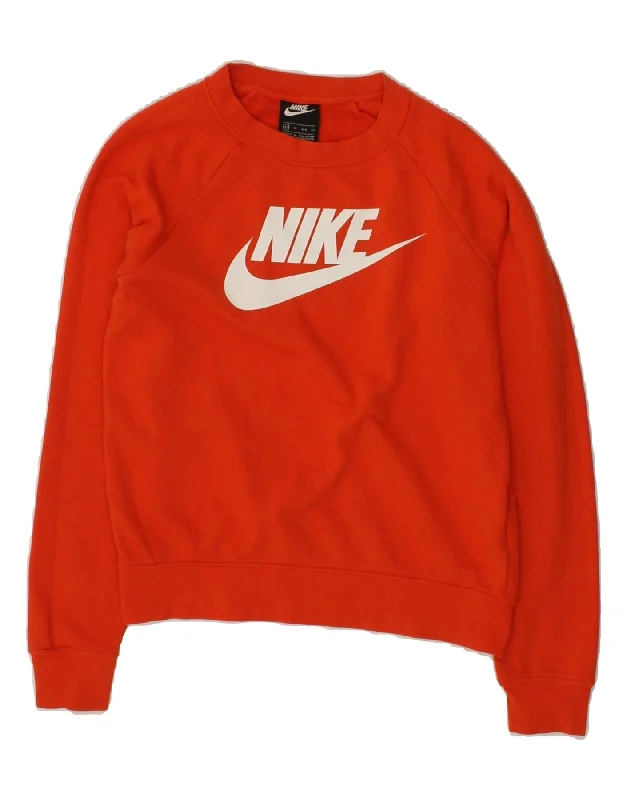 NIKE Womens Graphic Sweatshirt Jumper UK 6 XS Orange Cotton Hoodie with Frayed Bohemian Relaxed