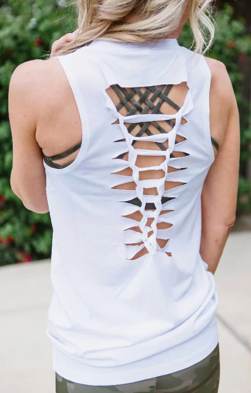 Braid-Back Tank In White flexible tank top