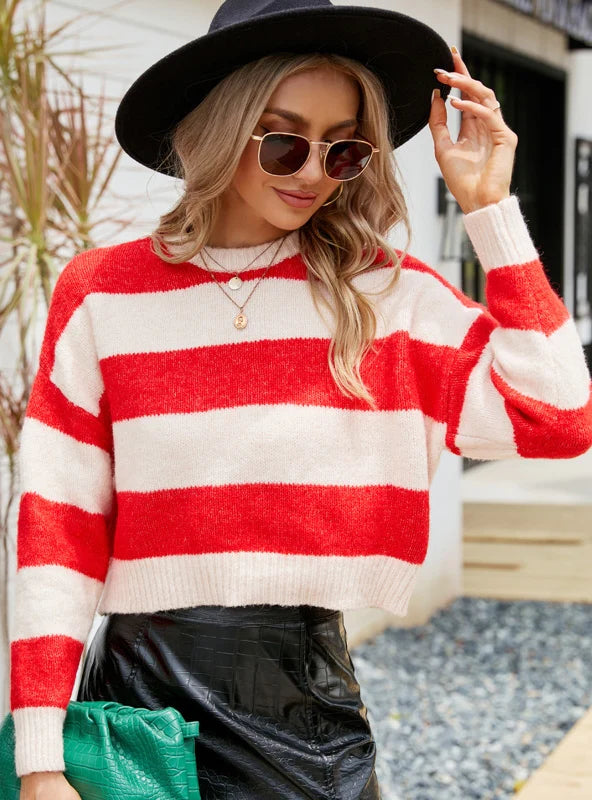 FASHION SHORT ROUND NECK STRIPED CONTRAST SWEATER Elasticated Padded Insulated