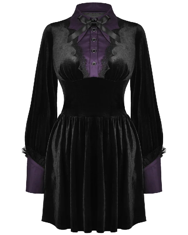 Dark In Love Gothic Velvet Batwing Collar Dress - Black & Purple Tunics Polka dots