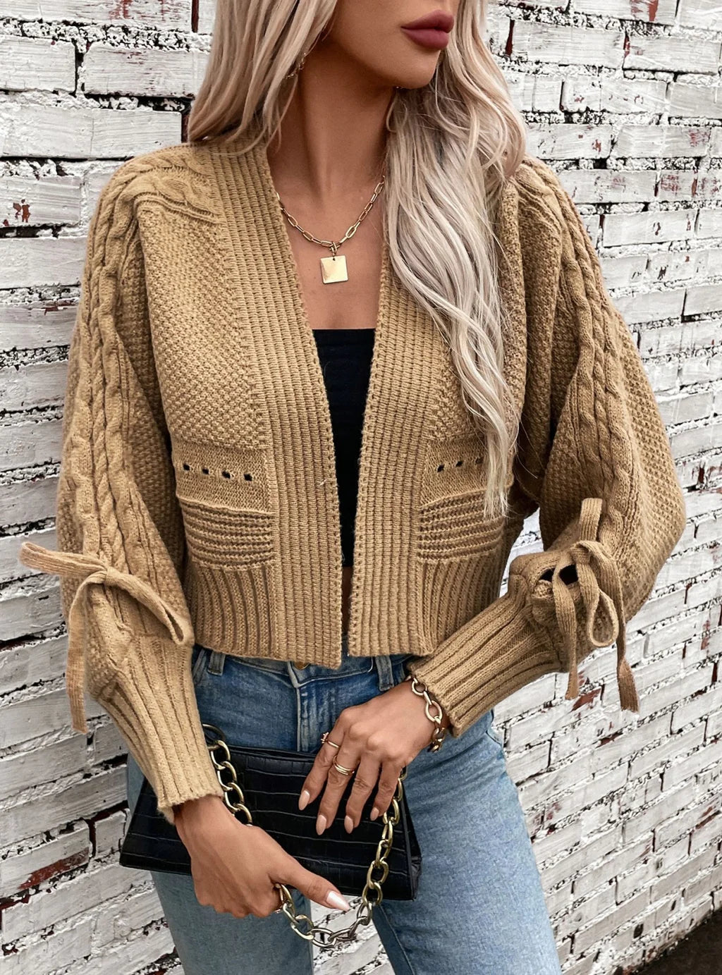 Short Bow Tie Long Sleeve Sweater Coat Chenille Brocade Lace