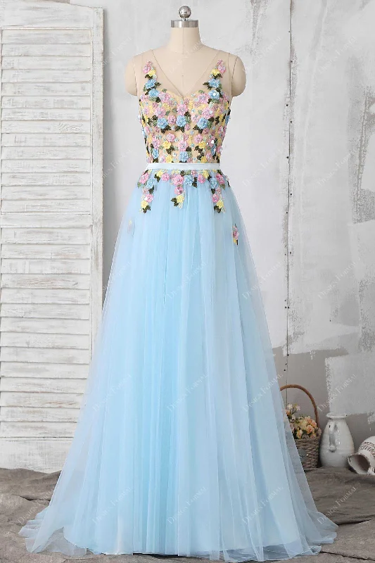 Delicate 3D Flowers illusion Baby Blue Fairy Tulle Dress Tunics Spring floral