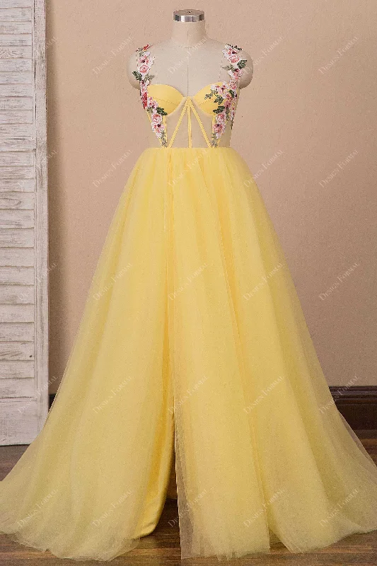 Yellow Tulle Corset Embroidered Straps Slit Fairy Dress Tunics Formal black