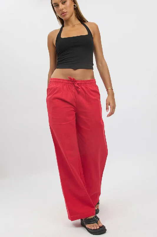 Red Wide Leg Pants Elasticated Chic Capri Pants