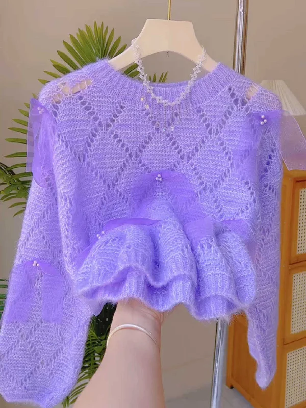 Tulle Bows Pearls Lavender Sweater Mesh Sweater Canvas Denim