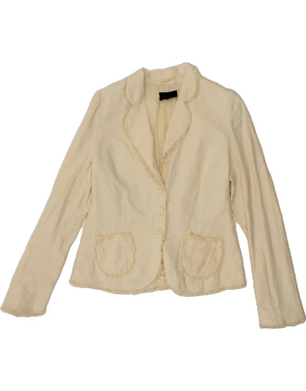 LUISA SPAGNOLI Womens 3 Button Blazer Jacket IT 46 Large Beige Linen Collared Jacket Crew Neck Jacket Turtle Neck Jacket