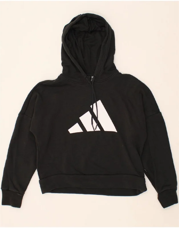 ADIDAS Womens Oversized Graphic Hoodie Jumper UK 4/6 XS Black Cotton Hoodie with Earth Tones Natural Calm