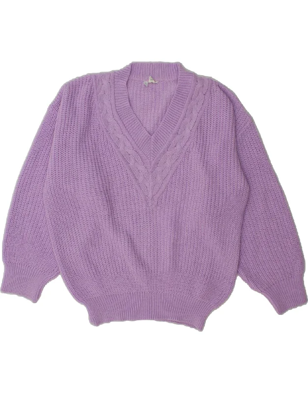 VINTAGE Womens V-Neck Jumper Sweater IT 40/42 Medium Purple Acrylic Chenille Fabric Brocade Fabric Lace Fabric