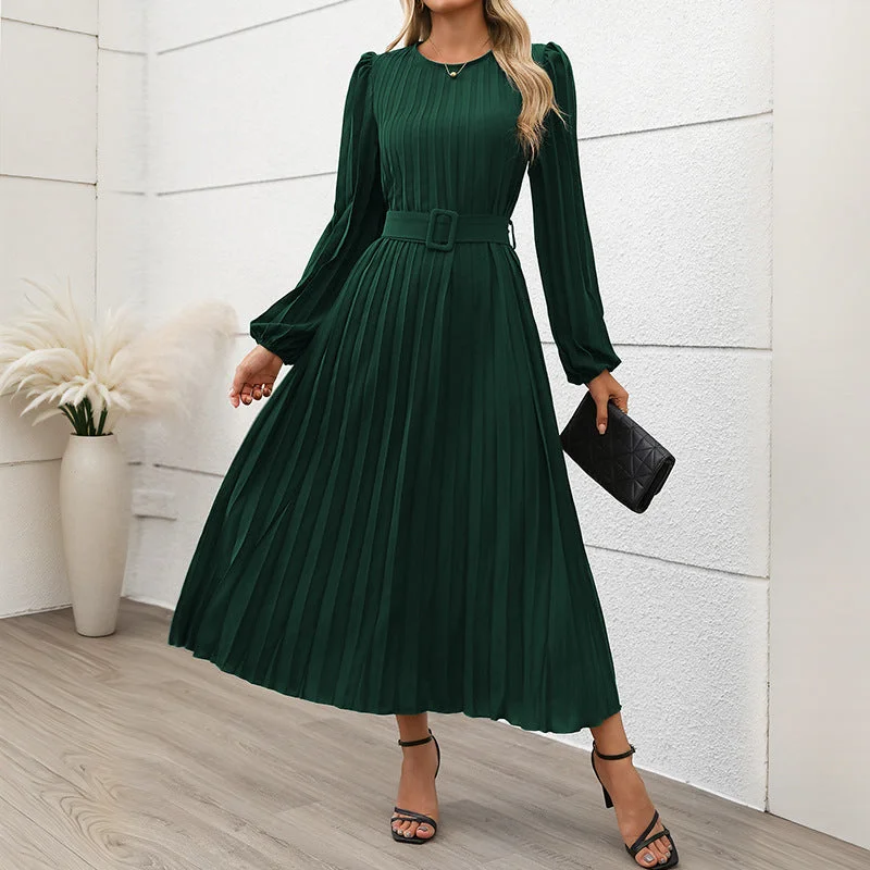 IKEARLAX 2025 temperament women's new dress  foreign trade long sleeve pleated round neck high waist long dress women Elegant Long Evening