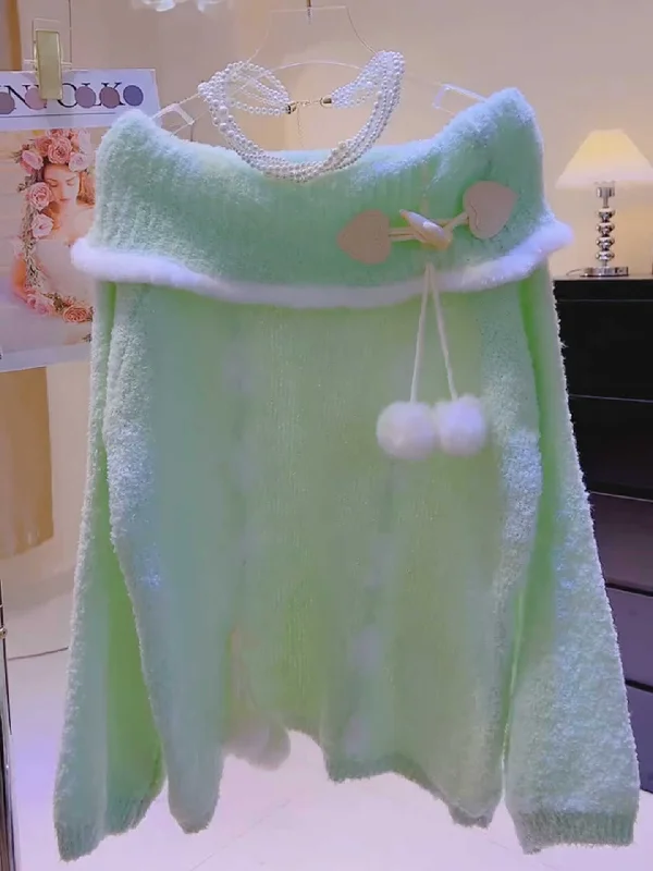 Fluffy Pom-Poms Mint Green Sweater Beaded Sweater Sequined Faux Fur