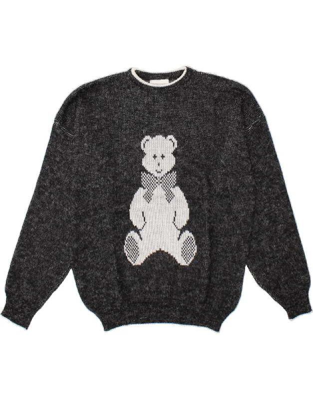 VINTAGE Womens Teddy Bear Graphic Crew Neck Jumper Sweater UK 18 XL Grey Seamless Knitted Crochet