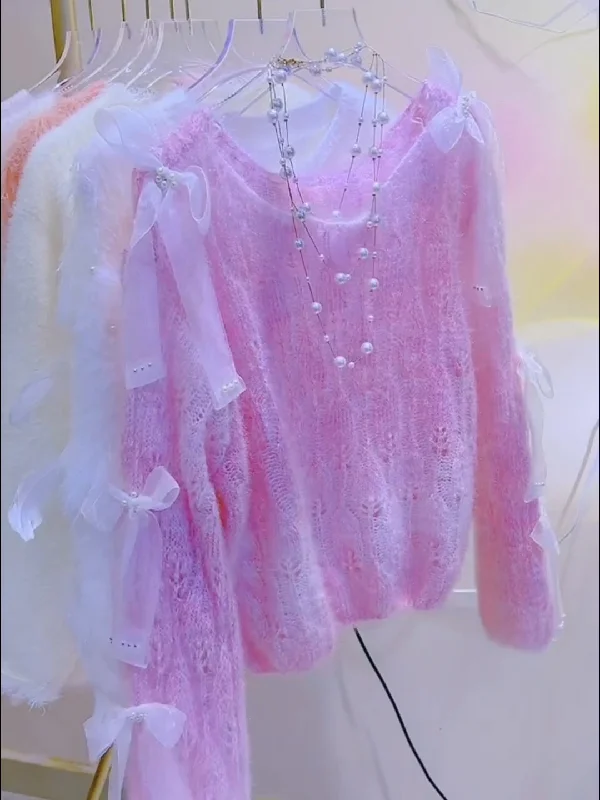 Tulle Bows Pearl Embellishments Pink Sweater Chenille Brocade Lace