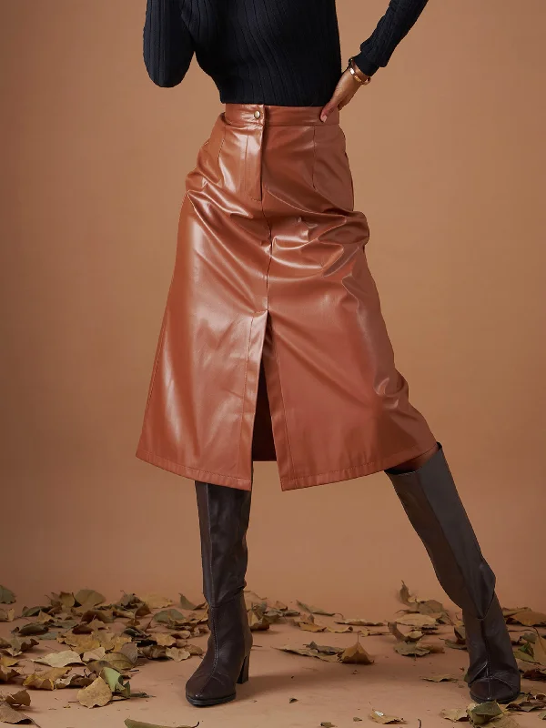 Women Brown PU A-Line Below Knee Skirt asymmetrical skirt cut