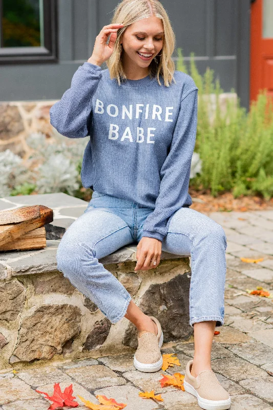 Bonfire Babe Navy Blue Corded Graphic Sweatshirt Hoodie with Crew Neck Simple Timeless