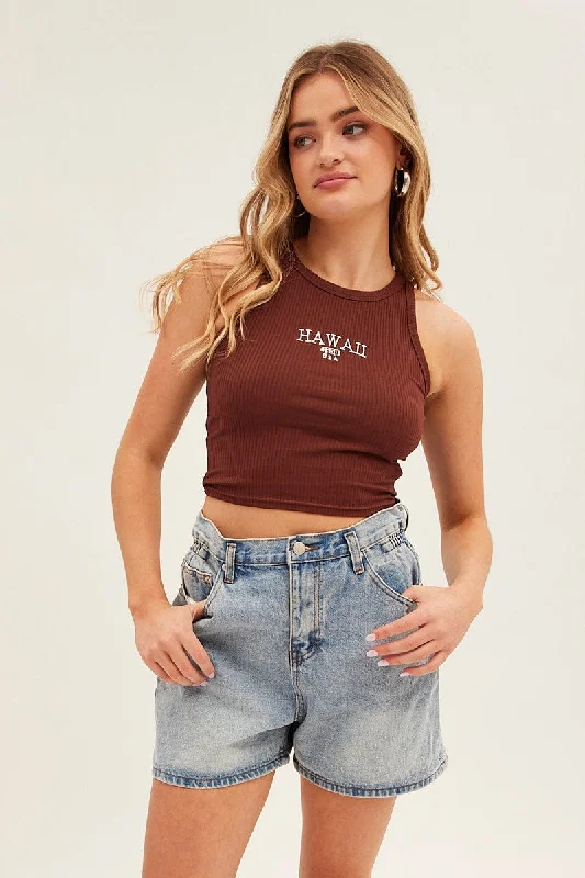 Brown Hawaii Crew Neck Sleeveless Graphic Tank open back tank