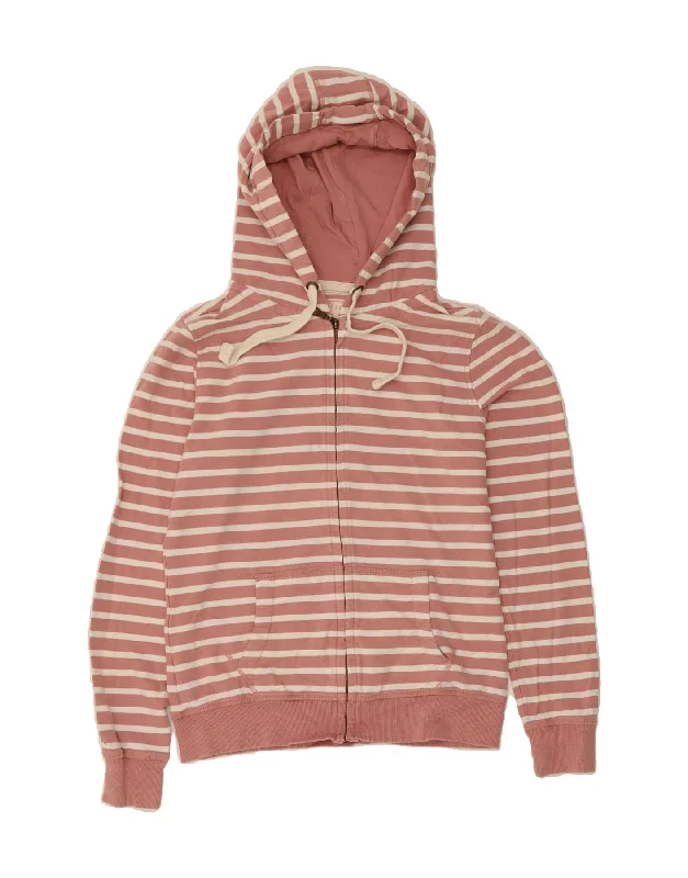 FAT FACE Womens Zip Hoodie Sweater UK 12 Medium Pink Striped Cotton Hoodie with Oversized Fit Loose Comfortable