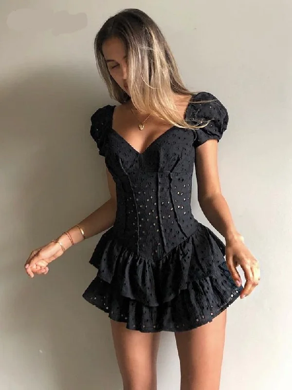 Wjczt Fashion V Neck Ruffles Pleated Dress Women Puff Sleeve Chic Black Summer Dress Party Hollow Out Vintage Corset Ladies Off-the-shoulder Chic Trendy