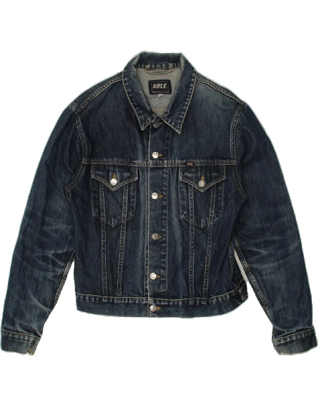 RIFLE Womens Denim Jacket UK 16 Large Navy Blue Cotton Notch Collar Peter Pan Collar Cowl Neck RIFLE Womens Denim Jacket UK 16 Large Navy Blue Cotton Notch Collar Peter Pan Collar Cowl Neck