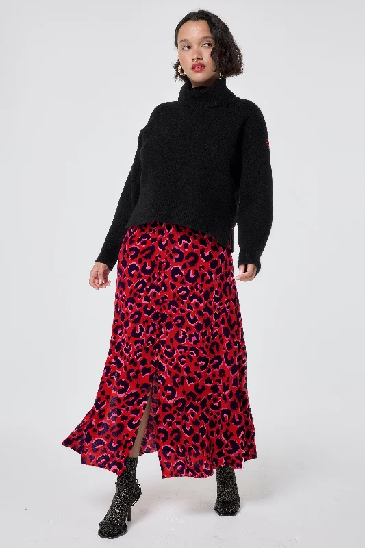 Red with Pink and Black Pop Leopard Button Through Skirt flowy skirt hem