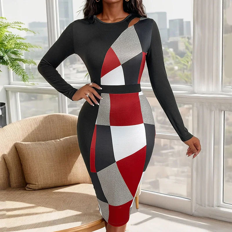 IKEARLAX New autumn slim temperament commuter dress geometric shape high waist long dress women's hip skirt Pencil Office Professional