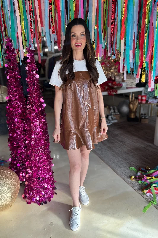 Chestnut Charm Faux Patent Leather Mini Tee Dress Tunics Corduroy durable