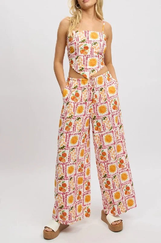 Multi Abstract Wide Leg Pants High Rise Cozy Full-Length Pants