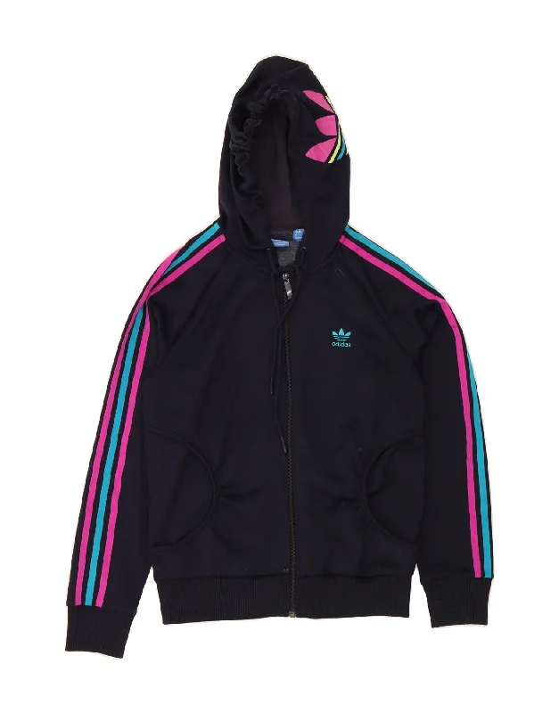 ADIDAS Womens Graphic Zip Hoodie Sweater UK 12 Medium Navy Blue Polyester Hoodie with Set-In Sleeves Structured Classic