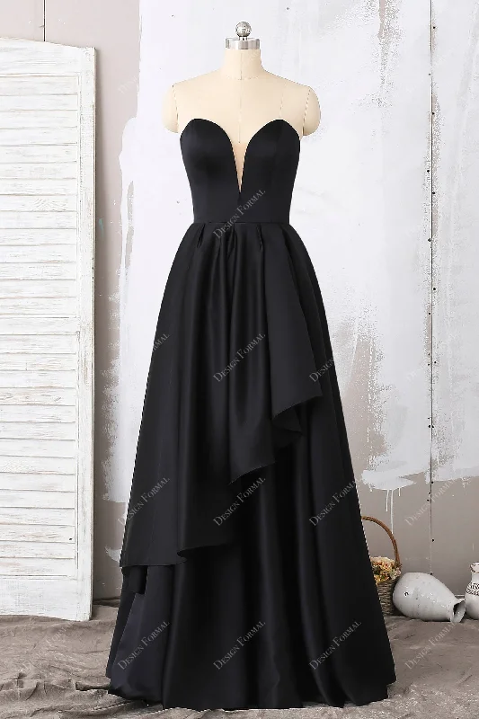 Black Satin Plunging Neck Elegant Strapless Prom Dress Tunics Floral girly