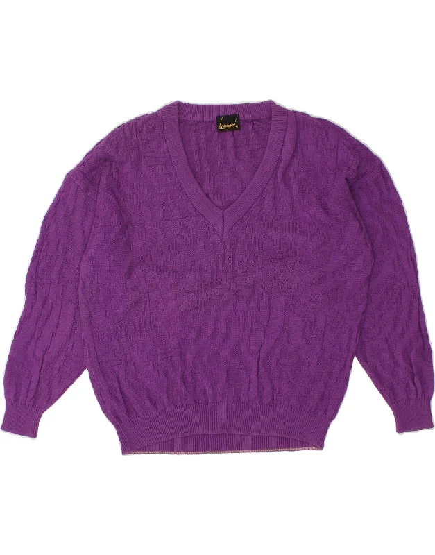 VINTAGE Womens V-Neck Jumper Sweater EU 40 Medium Purple Silk Blend Satin Velvet