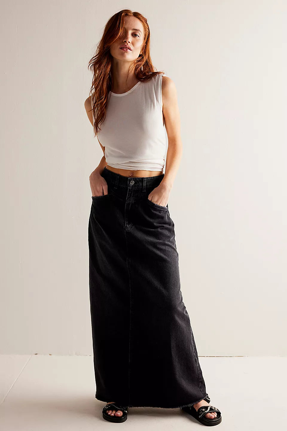 Free People We The Free Come As You Are Denim Maxi Skirt - BLACK chiffon skirt airy