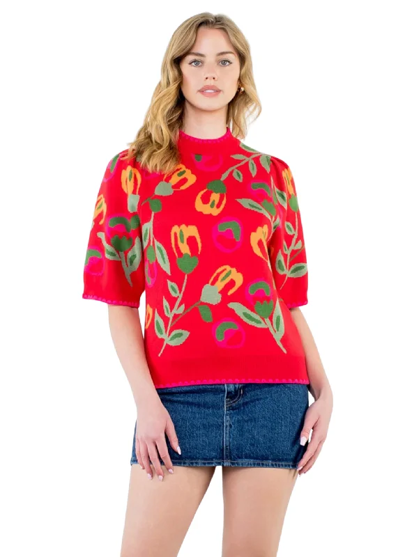 FLORAL SHORT SLEEVE SWEATER Elasticated Padded Insulated