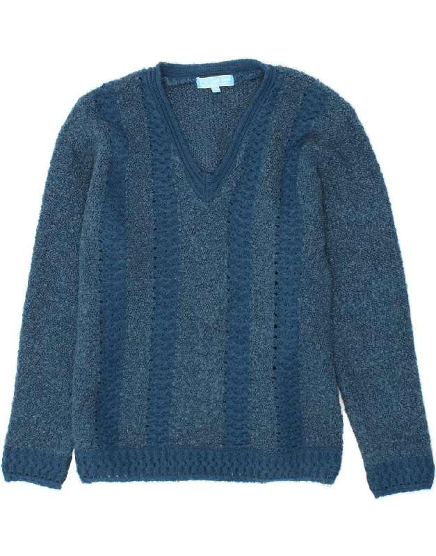VINTAGE Womens V-Neck Jumper Sweater UK 10 Small Blue Striped Wool Lace Blend Ribbed Blend Corduroy Blend VINTAGE Womens V-Neck Jumper Sweater UK 10 Small Blue Striped Wool Lace Blend Ribbed Blend Corduroy Blend