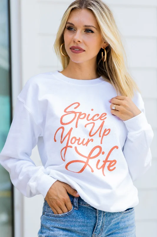 Spice Up Your Life White Graphic Sweatshirt Hoodie with Slim Fit Tailored Modern