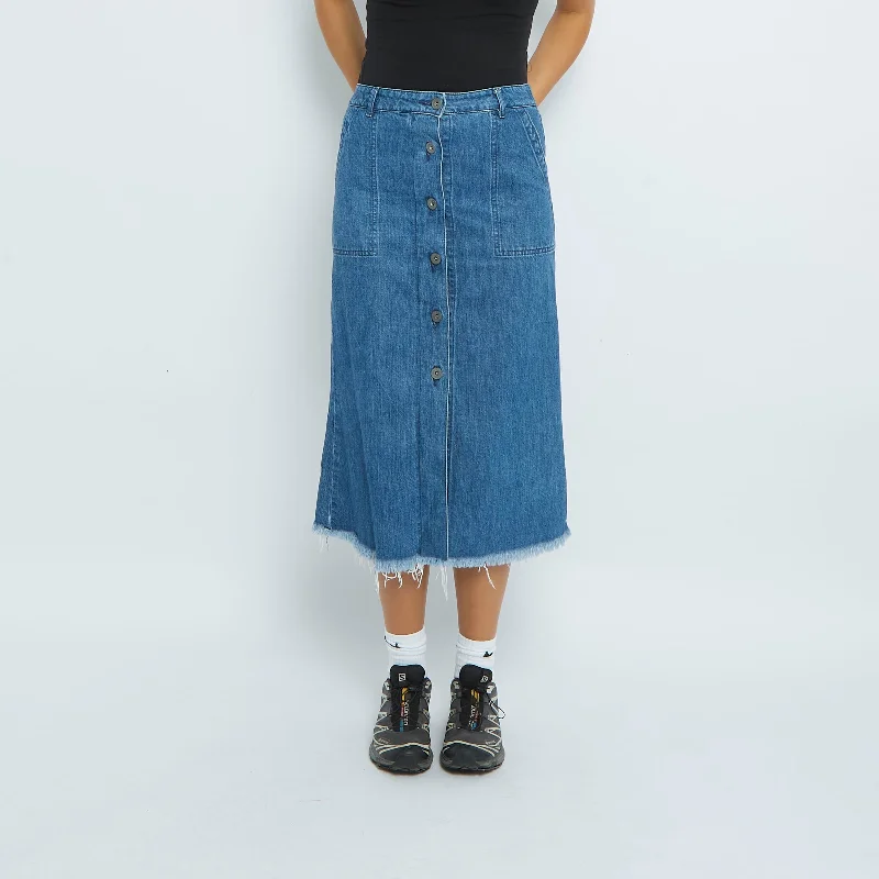 Denim Buttoned Frayed Midi Skirt - UK 6 summer skirt style