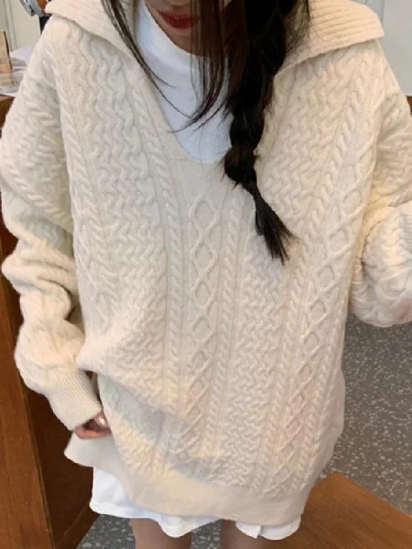 Solid V Neck Cable Knit Sweater Chenille Blend Fleece Blend Nylon Blend